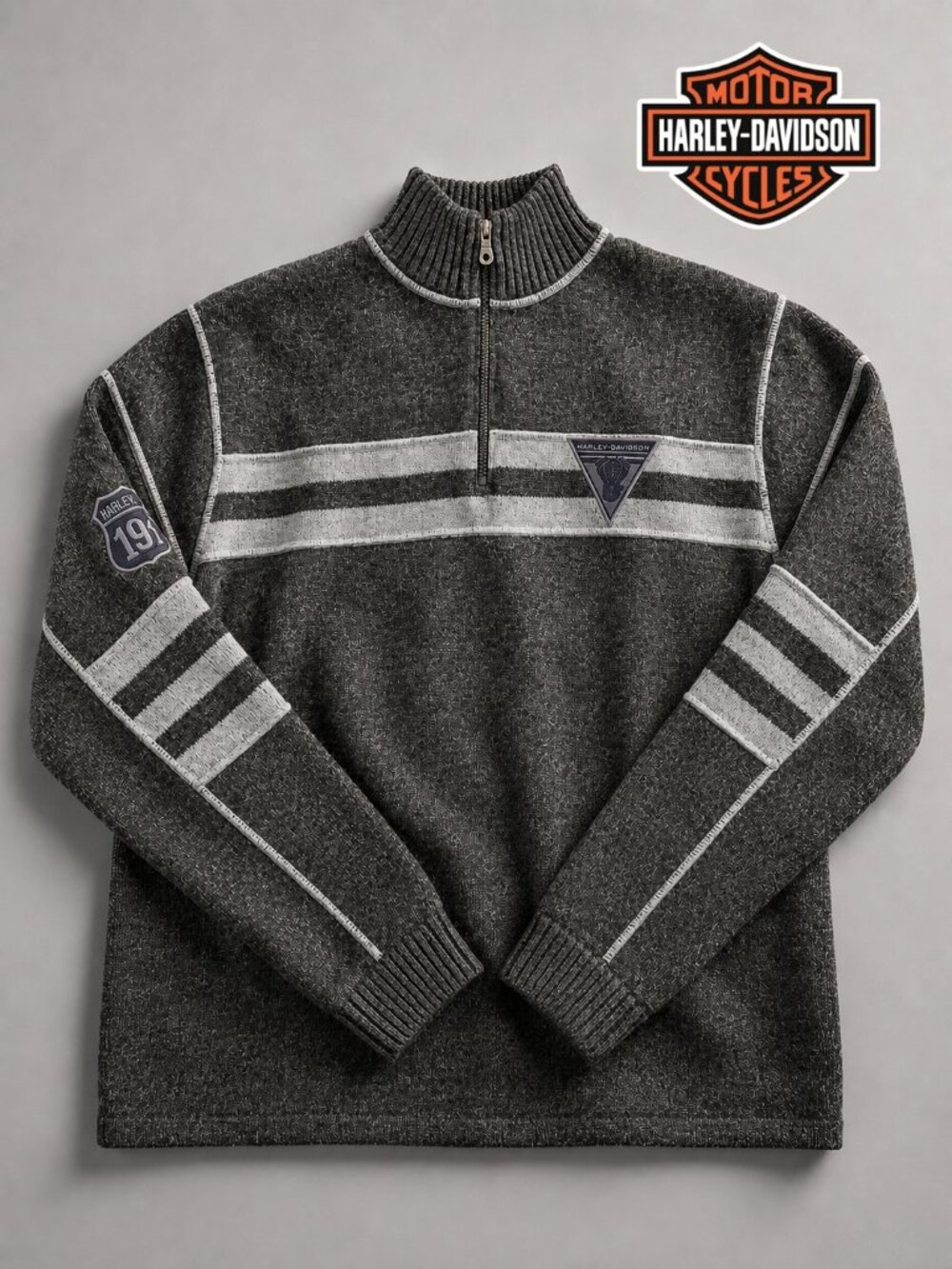 Harley-Davidson Gray 1/4 Zip Knit Pullover Sweater Embroidered Striped Mens M